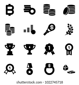 Solid vector icon set - bitcoin vector, coin, money torch, golden branch, win cup, gold, medal, star, finger ring, constructor blocks