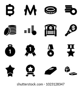 Solid vector icon set - bitcoin vector, monero, coin, money chest, torch, gold medal, star, constructor blocks