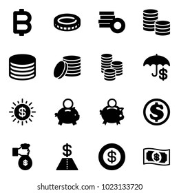 Solid vector icon set - bitcoin vector, coin, insurance, dollar sun, piggy bank, rich, money