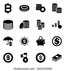 Solid vector icon set - bitcoin vector, coin, insurance, dollar sun, piggy bank, rich