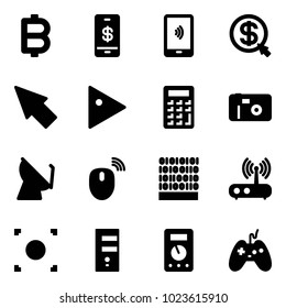 Solid vector icon set - bitcoin vector, mobile payment, money click, cursor, play, calculator, photo, satellite antenna, mouse wireless, binary code, wi fi router, record button, server, multimeter