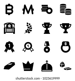 Solid vector icon set - bitcoin vector, monero, coin, money chest, golden branch, win cup, gold, medal, star, finger ring, crown, constructor blocks