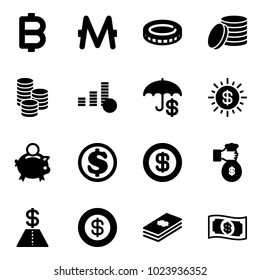 Solid vector icon set - bitcoin vector, monero, coin, insurance, dollar sun, piggy bank, rich, money