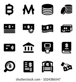 Solid vector icon set - bitcoin vector, monero, coin, dollar, cash, credit card, tap pay, bank, atm, annual report, money search, account statement, chest