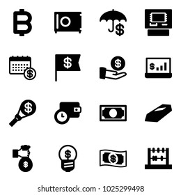 Solid vector icon set - bitcoin vector, safe, insurance, atm, calendar, dollar flag, investment, account statistics, money torch, wallet time, gold, rich, business idea, abacus