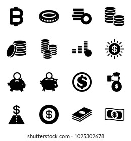 Solid vector icon set - bitcoin vector, coin, dollar sun, piggy bank, rich, money