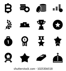 Solid vector icon set - bitcoin vector, coin, golden branch, pedestal, win cup, star medal, gold, crown
