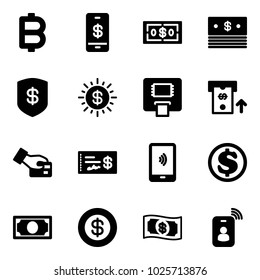 Solid vector icon set - bitcoin vector, mobile payment, dollar, safe, sun, atm, card pay, check, money, identity