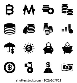 Solid vector icon set - bitcoin vector, monero, coin, insurance, dollar sun, piggy bank, rich, money