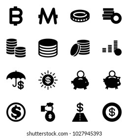 Solid vector icon set - bitcoin vector, monero, coin, dollar sun, piggy bank, rich