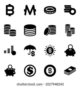 Solid vector icon set - bitcoin vector, monero, coin, dollar sun, piggy bank