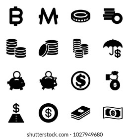 Solid vector icon set - bitcoin vector, monero, coin, insurance, piggy bank, dollar, rich, money