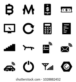 Solid vector icon set - bitcoin vector, monero, mobile payment, cash, monitor cursor, reload, calculator, document, stairs, lounger, server wireless, mail, car, standby button, fine signal, nut