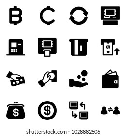 Solid vector icon set - bitcoin vector, cent, exchange, atm, cash pay, wallet, purse, dollar, data, information