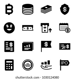 Solid vector icon set - bitcoin vector, coin, dollar, safe, smile, cash, atm, calendar, account statement, statistics report, flag, check, calculator, tax peage road sign, growth, ipo