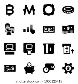 Solid vector icon set - bitcoin vector, monero, currency, coin, dollar, cash, atm, check, piggy bank, wallet time, money managemet
