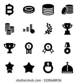 Solid vector icon set - bitcoin vector, coin, golden branch, win cup, gold, medal, star, finger ring, crown