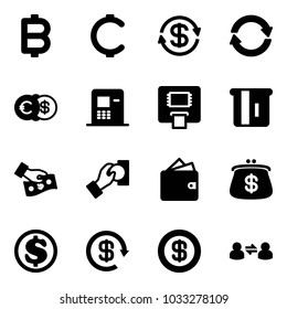Solid vector icon set - bitcoin vector, cent, dollar exchange, euro, atm, cash pay, wallet, purse, reload, information