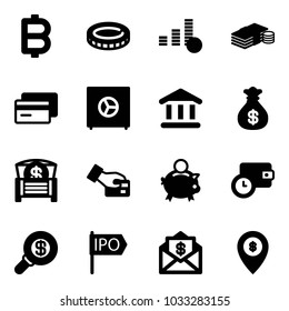 Solid vector icon set - bitcoin vector, coin, cash, credit card, safe, bank, money bag, chest, pay, piggy, wallet time, search, ipo, mail dollar, atm map pin