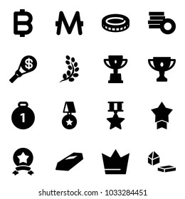 Solid vector icon set - bitcoin vector, monero, coin, money torch, golden branch, win cup, gold, medal, star, crown, constructor blocks