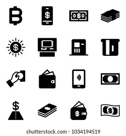 Solid vector icon set - bitcoin vector, mobile payment, dollar, sun, atm, cash pay, wallet, money, finance management