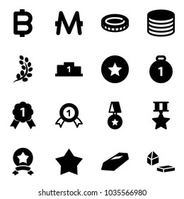 Solid vector icon set - bitcoin vector, monero, coin, golden branch, pedestal, star medal, gold, constructor blocks