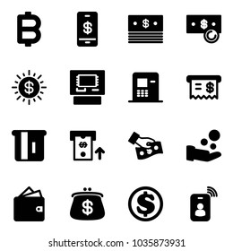 Solid vector icon set - bitcoin vector, mobile payment, dollar, cash, sun, atm, receipt, pay, wallet, purse, identity card