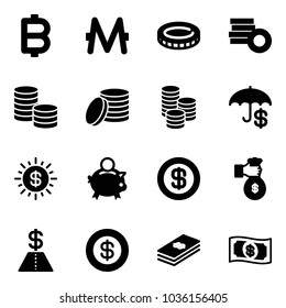 Solid vector icon set - bitcoin vector, monero, coin, insurance, dollar sun, piggy bank, rich, money