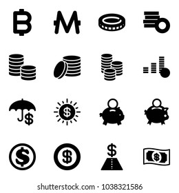 Solid vector icon set - bitcoin vector, monero, coin, insurance, dollar sun, piggy bank, money