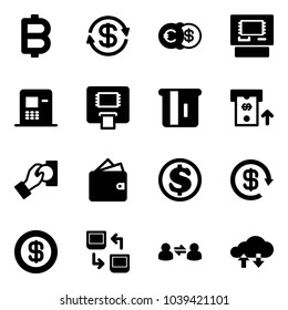 Solid vector icon set - bitcoin vector, dollar exchange, euro, atm, cash pay, wallet, reload, data, information, cloud