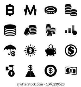 Solid vector icon set - bitcoin vector, monero, coin, insurance, dollar sun, piggy bank, rich, money