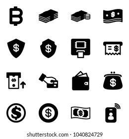 Solid vector icon set - bitcoin vector, dollar, cash, safe, atm, receipt, card pay, wallet, purse, money, identity