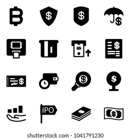 Solid vector icon set - bitcoin vector, safe, insurance, atm, account statement, check, wallet time, search money, tree, growth, ipo, dollar