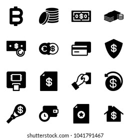 Solid vector icon set - bitcoin vector, coin, dollar, cash, euro, credit card, safe, atm, account statement, pay, money back, torch, wallet time, certificate, home