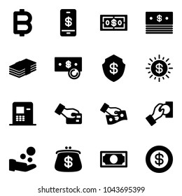 Solid vector icon set - bitcoin vector, mobile payment, dollar, cash, safe, sun, atm, card pay, purse, money