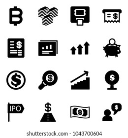 Solid vector icon set - bitcoin vector, big cash, atm, receipt, account statement, statistics report, arrows up, piggy bank, dollar, search money, growth, tree, ipo, dialog