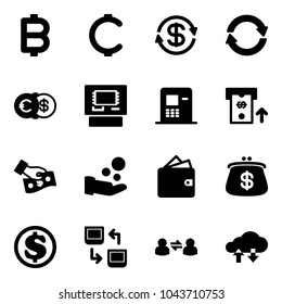 Solid vector icon set - bitcoin vector, cent, dollar exchange, euro, atm, cash pay, wallet, purse, data, information, cloud