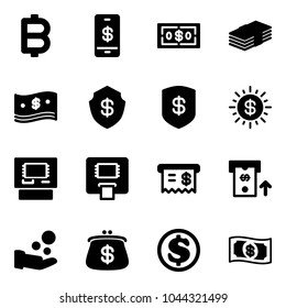 Solid vector icon set - bitcoin vector, mobile payment, dollar, cash, safe, sun, atm, receipt, pay, purse, money