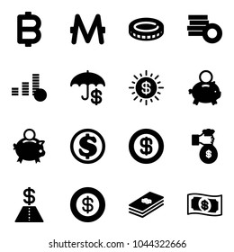 Solid vector icon set - bitcoin vector, monero, coin, insurance, dollar sun, piggy bank, rich, money
