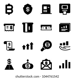 Solid vector icon set - bitcoin vector, safe, atm, receipt, cash, statistics report, account history, arrows up, search money, growth, dollar, mail, chart