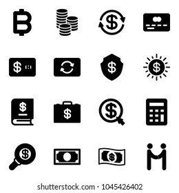 Solid vector icon set - bitcoin vector, coin, dollar exchange, credit card, safe, sun, annual report, money case, click, calculator, search, agreement