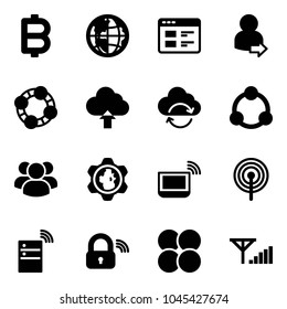 Solid vector icon set - bitcoin vector, globe, website, user login, friends, upload cloud, refresh, community, group, gear, notebook wi fi, antenna, server wireless, lock, atom core, fine signal