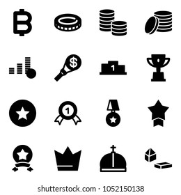 Solid vector icon set - bitcoin vector, coin, money torch, pedestal, win cup, star medal, gold, crown, constructor blocks