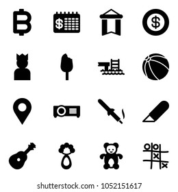 Solid vector icon set - bitcoin vector, finance calendar, pennant, dollar, king, ice cream, pool, ball, navigation pin, projector, soldering iron, work knife, guitar, beanbag, bear toy, Tic tac toe