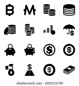 Solid vector icon set - bitcoin vector, monero, coin, insurance, piggy bank, dollar, rich