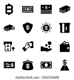 Solid vector icon set - bitcoin vector, dollar, cash, safe, sun, atm, pay, wallet, check, purse, money