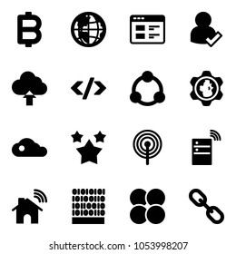 Solid vector icon set - bitcoin vector, globe, website, user check, upload cloud, tag code, community, gear, stars, antenna, server wireless, home, binary, atom core, link
