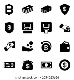 Solid vector icon set - bitcoin vector, dollar, safe, atm, card pay, cash, money back, wallet, check, purse