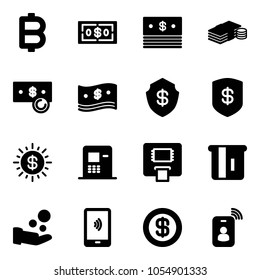 Solid vector icon set - bitcoin vector, dollar, cash, safe, sun, atm, pay, mobile payment, identity card
