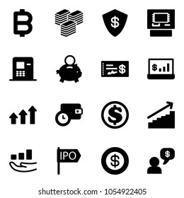 Solid vector icon set - bitcoin vector, big cash, safe, atm, piggy bank, check, account statistics, arrows up, wallet time, dollar, growth, ipo, money dialog